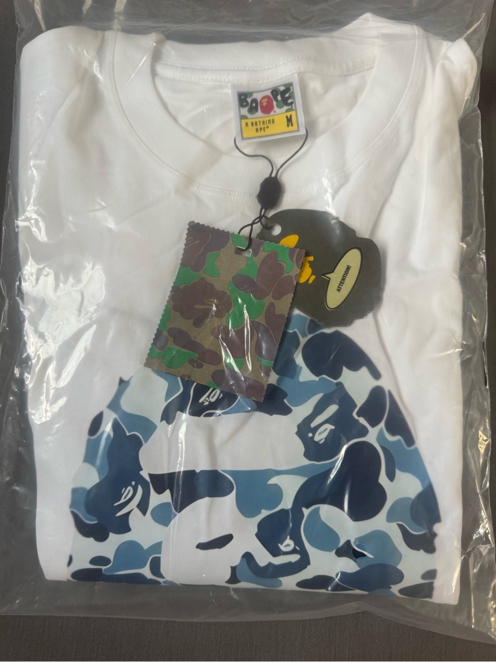 Bape White Short Sleeve Tee with Blue Camo Ape Graphic